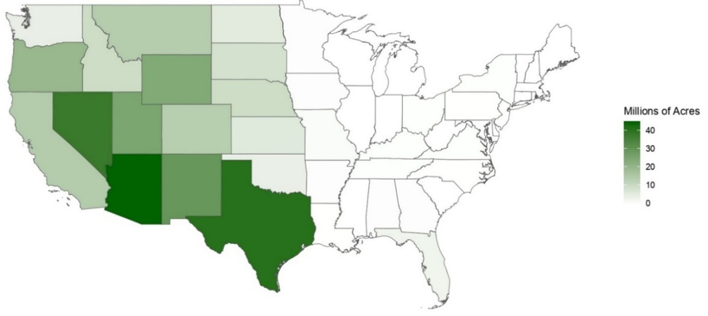 U.S. map shaded by PRF insurance coverage in millions of acres. Darkest green areas represent the largest insured acreage (30–40+ million acres). Texas and Arizona show the highest coverage, followed by Nevada and New Mexico. Surrounding western and plains states have lighter green shading, indicating smaller coverage. Eastern states are mostly white, showing minimal or no PRF coverage.